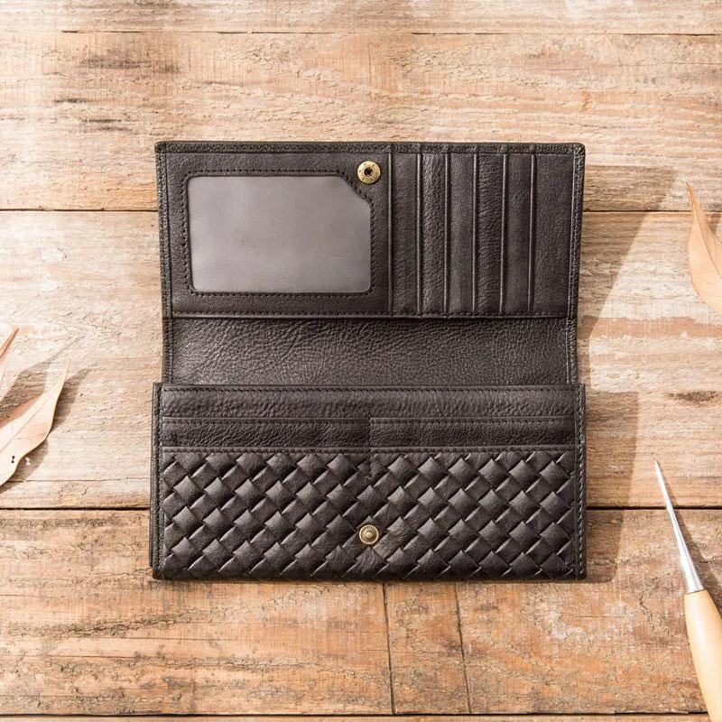 Cool Black Braided Leather Mens Long Wallet Long Wallet for Men