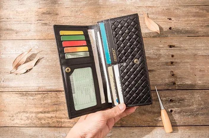 Cool Black Braided Leather Mens Long Wallet Long Wallet for Men