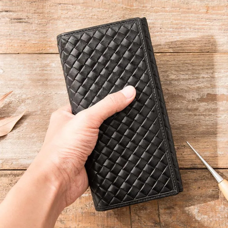 Cool Black Braided Leather Mens Long Wallet Long Wallet for Men