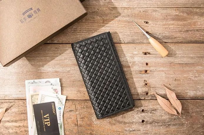 Cool Black Braided Leather Mens Long Wallet Long Wallet for Men