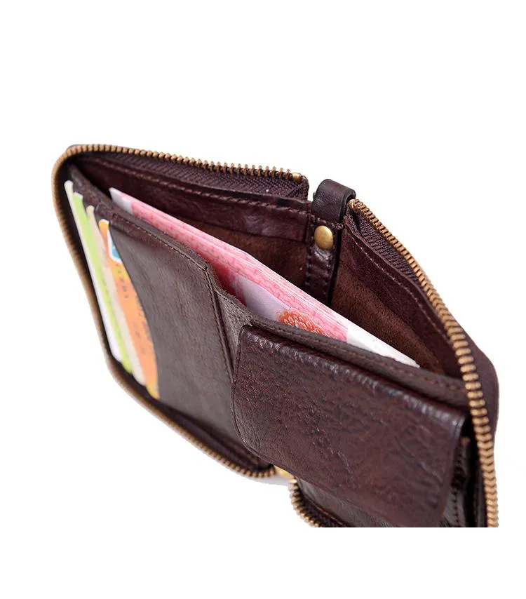 Cool Black Leather Mens billfold Biker Chain Wallet Coffee Bifold Zipper Biker Chain Wallet For Men