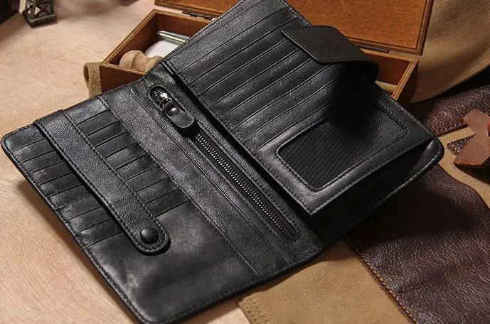 Cool Black Leather Mens long Wallet A lot of Cards Wallet for Men