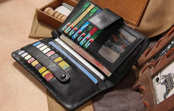 Cool Black Leather Mens long Wallet A lot of Cards Wallet for Men