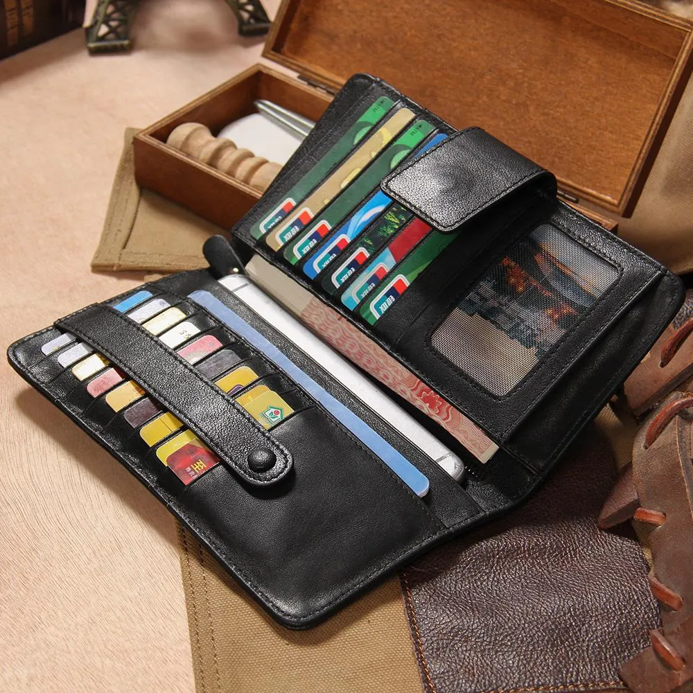 Cool Black Leather Mens long Wallet A lot of Cards Wallet for Men