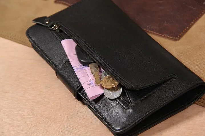 Cool Black Leather Mens long Wallet A lot of Cards Wallet for Men