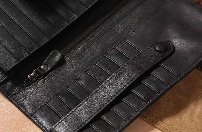 Cool Black Leather Mens long Wallet A lot of Cards Wallet for Men