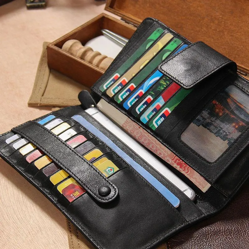 Cool Black Leather Mens long Wallet A lot of Cards Wallet for Men