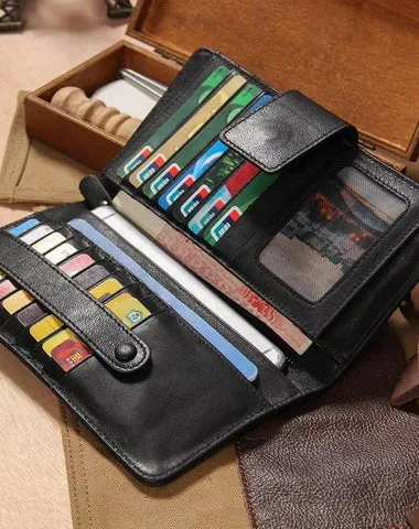 Cool Black Leather Mens long Wallet A lot of Cards Wallet for Men