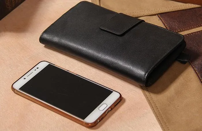 Cool Black Leather Mens long Wallet A lot of Cards Wallet for Men