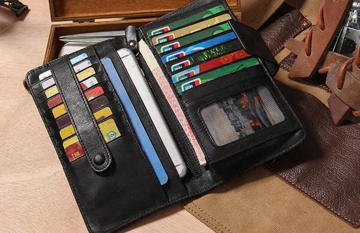 Cool Black Leather Mens long Wallet A lot of Cards Wallet for Men