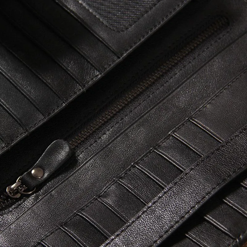 Cool Black Leather Mens long Wallet A lot of Cards Wallet for Men