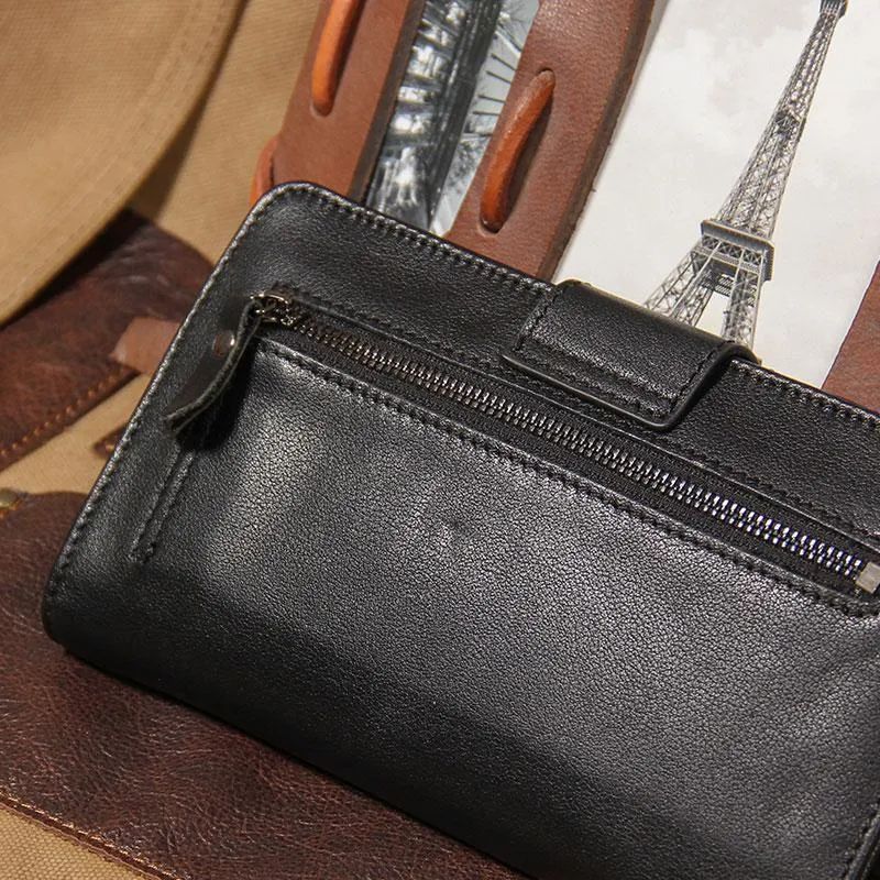 Cool Black Leather Mens long Wallet A lot of Cards Wallet for Men