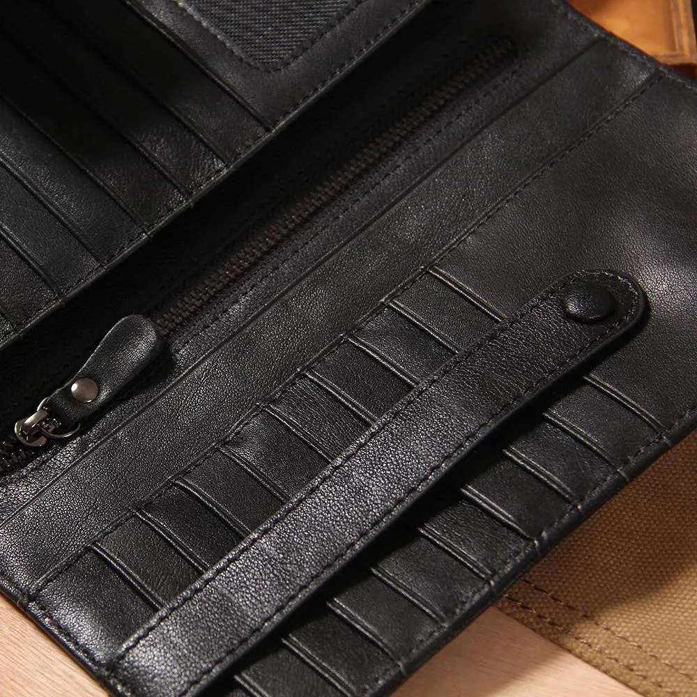 Cool Black Leather Mens long Wallet A lot of Cards Wallet for Men