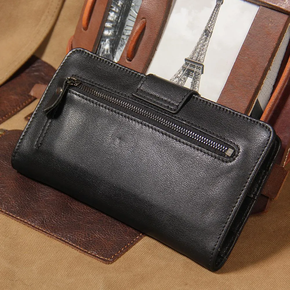 Cool Black Leather Mens long Wallet A lot of Cards Wallet for Men