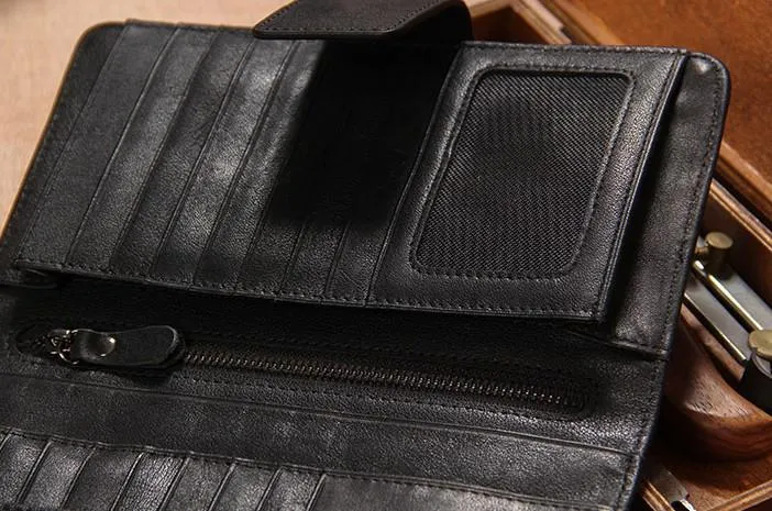 Cool Black Leather Mens long Wallet A lot of Cards Wallet for Men