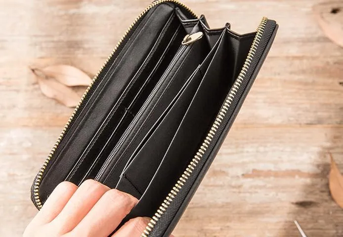 Cool Black Leather Mens Zipper Clutch Wallet Long Wallet for Men