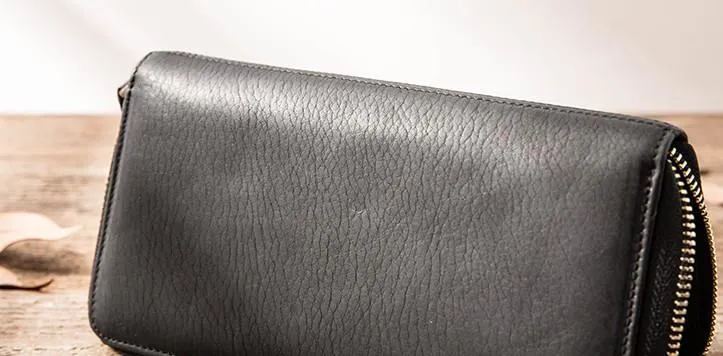 Cool Black Leather Mens Zipper Clutch Wallet Long Wallet for Men