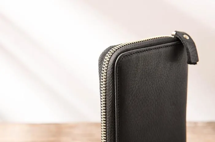 Cool Black Leather Mens Zipper Clutch Wallet Long Wallet for Men