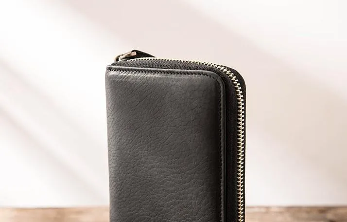 Cool Black Leather Mens Zipper Clutch Wallet Long Wallet for Men