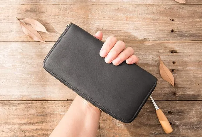 Cool Black Leather Mens Zipper Clutch Wallet Long Wallet for Men