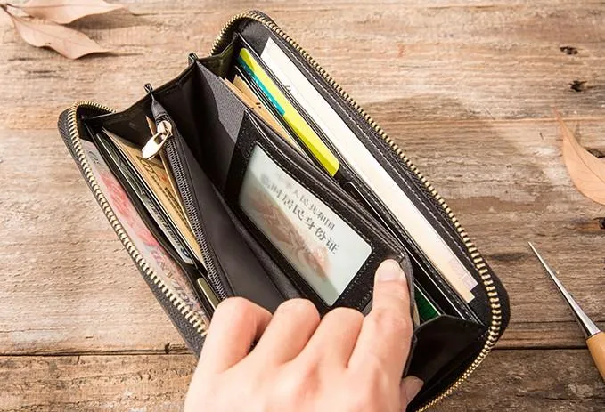 Cool Black Leather Mens Zipper Clutch Wallet Long Wallet for Men