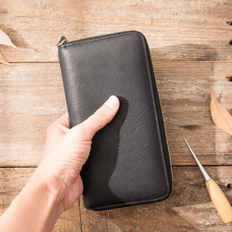 Cool Black Leather Mens Zipper Clutch Wallet Long Wallet for Men