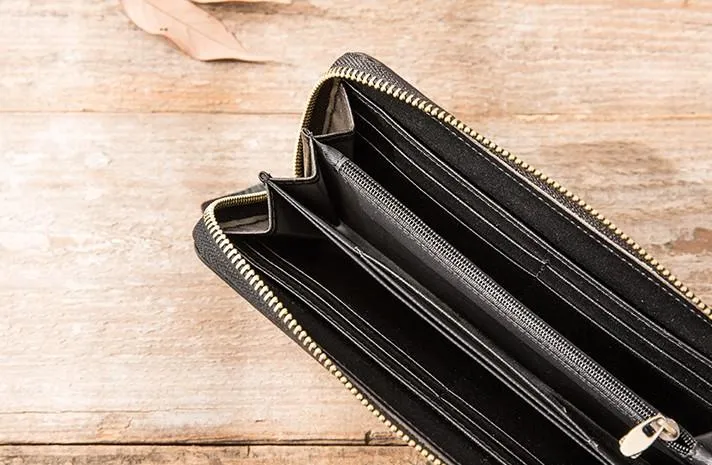 Cool Black Leather Mens Zipper Clutch Wallet Long Wallet for Men