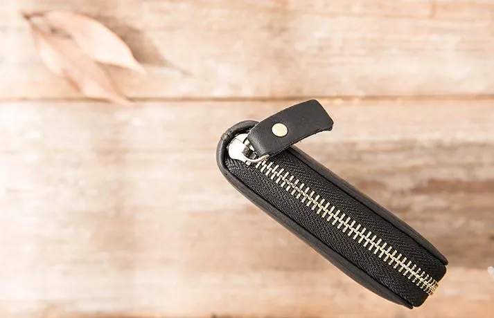 Cool Black Leather Mens Zipper Clutch Wallet Long Wallet for Men