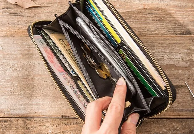 Cool Black Leather Mens Zipper Clutch Wallet Long Wallet for Men