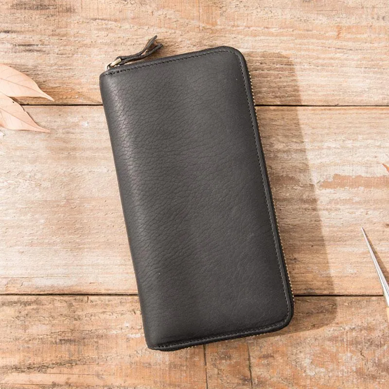Cool Black Leather Mens Zipper Clutch Wallet Long Wallet for Men