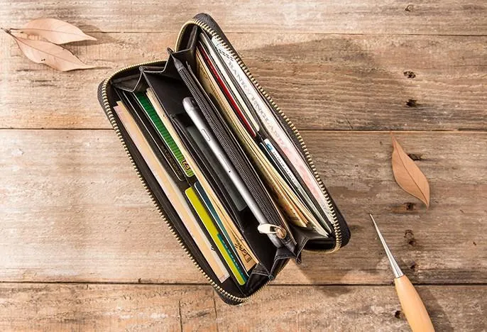 Cool Black Leather Mens Zipper Clutch Wallet Long Wallet for Men