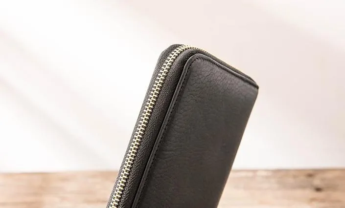 Cool Black Leather Mens Zipper Clutch Wallet Long Wallet for Men