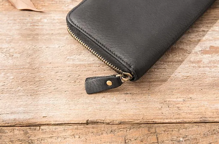 Cool Black Leather Mens Zipper Clutch Wallet Long Wallet for Men