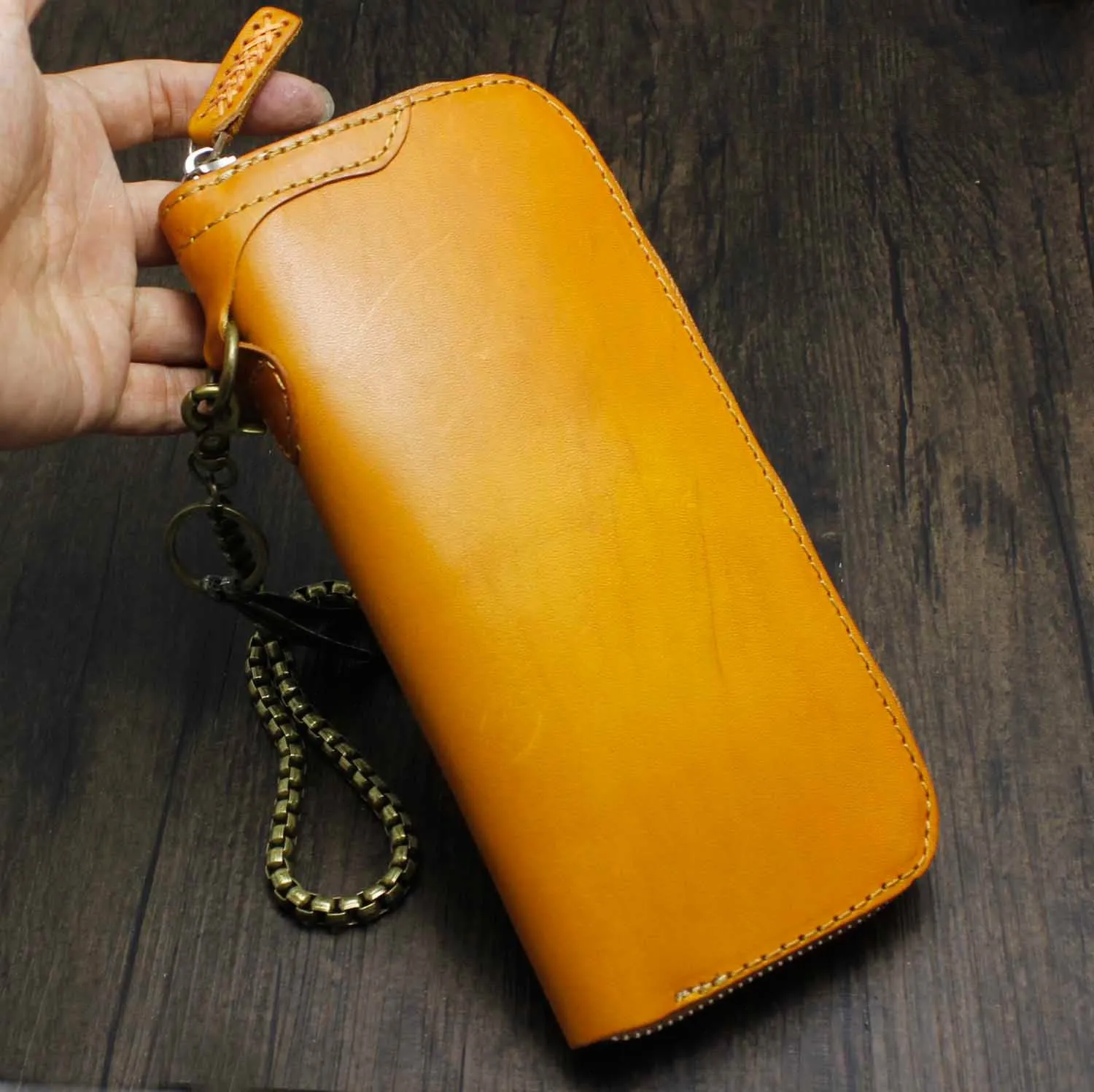 Cool Brown Leather Men's Biker Wallet Biker Chain Wallet Zipper Long Wallet with Chain For Men