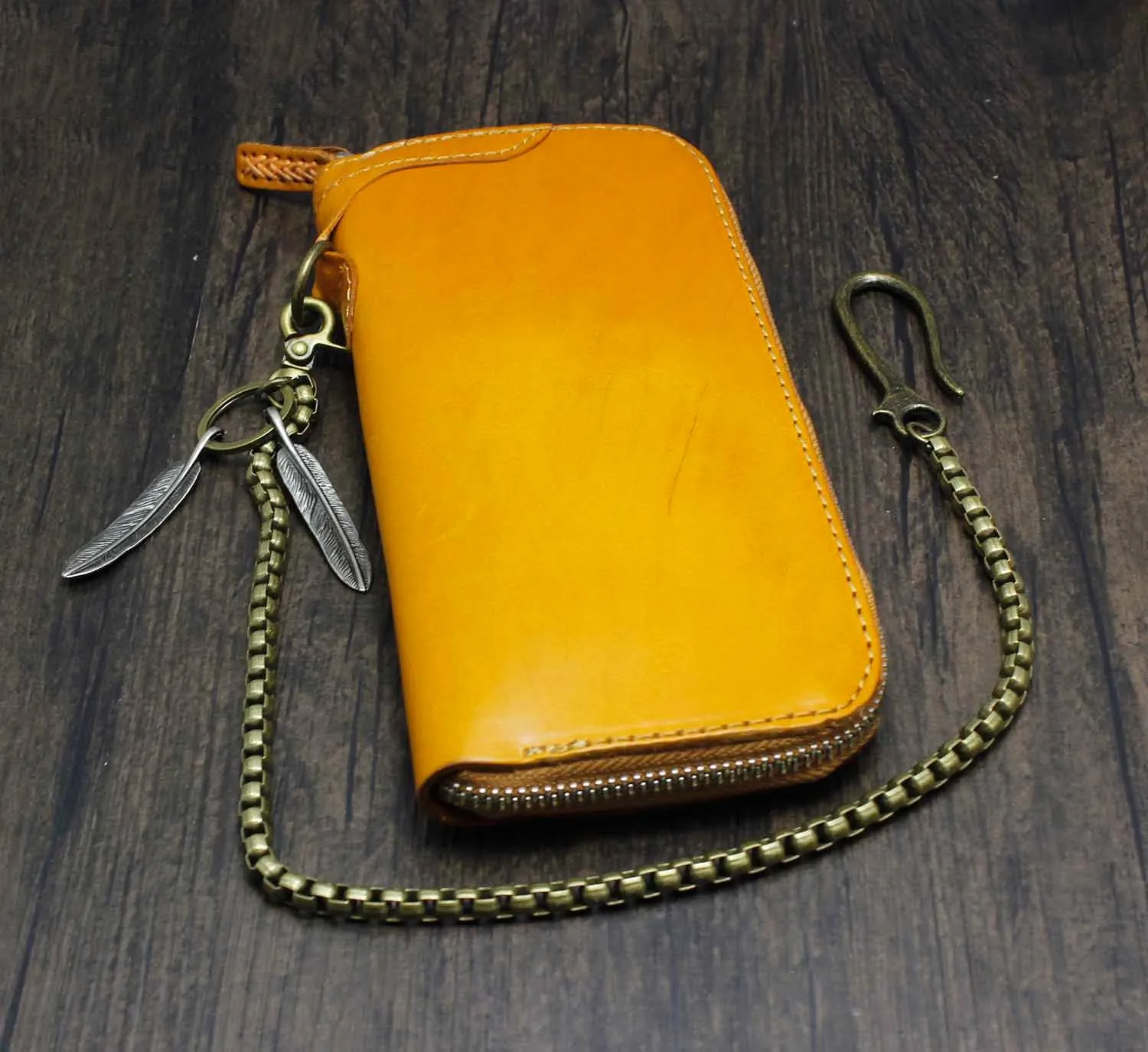 Cool Brown Leather Men's Biker Wallet Biker Chain Wallet Zipper Long Wallet with Chain For Men