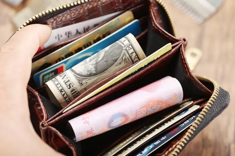 Cool Brown Leather Mens Zipper Bifold Small Wallet Card billfold Wallet For Men