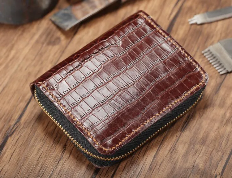 Cool Brown Leather Mens Zipper Bifold Small Wallet Card billfold Wallet For Men