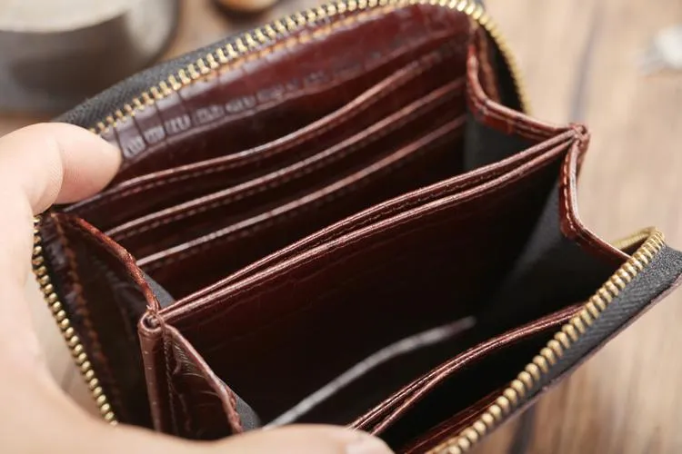 Cool Brown Leather Mens Zipper Bifold Small Wallet Card billfold Wallet For Men