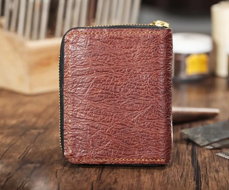 Cool Brown Leather Mens Zipper Bifold Small Wallet Card billfold Wallet For Men