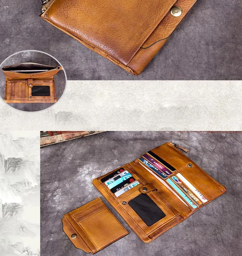 Cool Gray Mens Leather Bifold Long Wallet Vintage Coffee Long Multi Cards Wallet for Men
