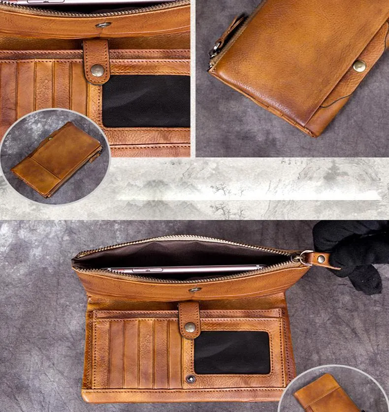 Cool Gray Mens Leather Bifold Long Wallet Vintage Coffee Long Multi Cards Wallet for Men