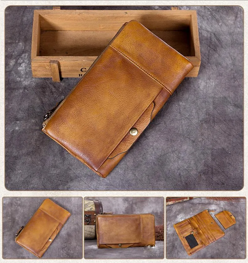 Cool Gray Mens Leather Bifold Long Wallet Vintage Coffee Long Multi Cards Wallet for Men