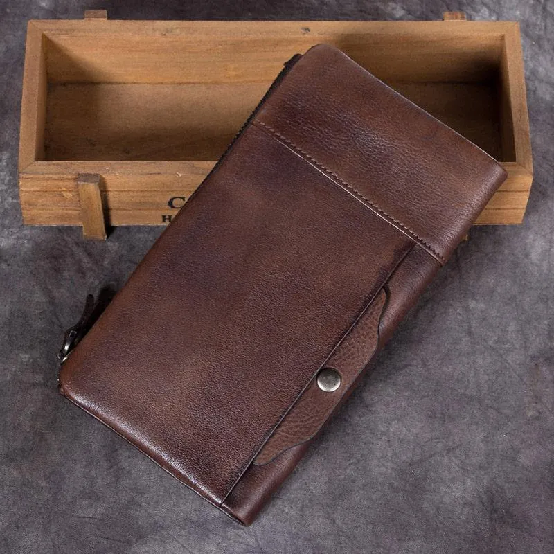 Cool Gray Mens Leather Bifold Long Wallet Vintage Coffee Long Multi Cards Wallet for Men