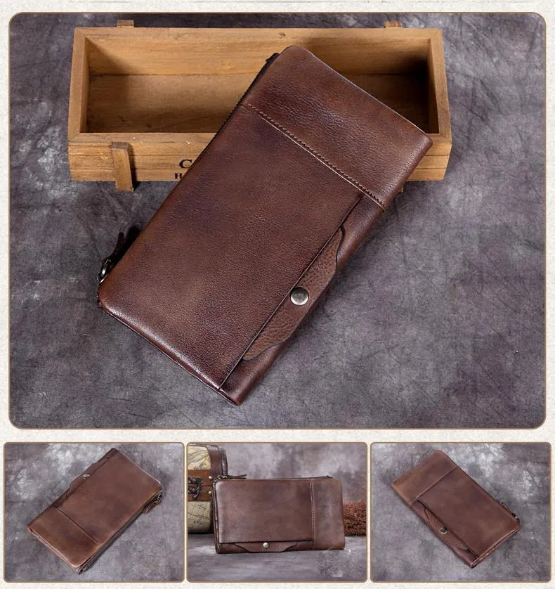 Cool Gray Mens Leather Bifold Long Wallet Vintage Coffee Long Multi Cards Wallet for Men