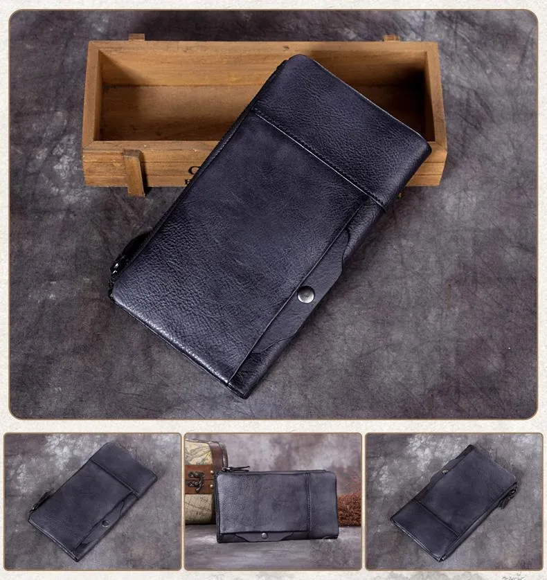 Cool Gray Mens Leather Bifold Long Wallet Vintage Coffee Long Multi Cards Wallet for Men