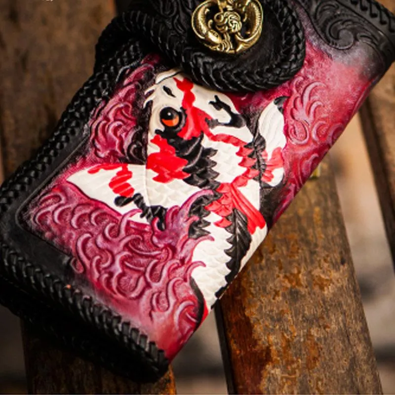 Cool Handmade Leather Tooled Carp Mens Biker Chain Wallet Long Leather Biker Wallet With Chain Wallets for Men