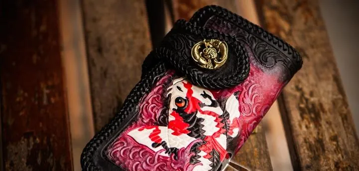 Cool Handmade Leather Tooled Carp Mens Biker Chain Wallet Long Leather Biker Wallet With Chain Wallets for Men