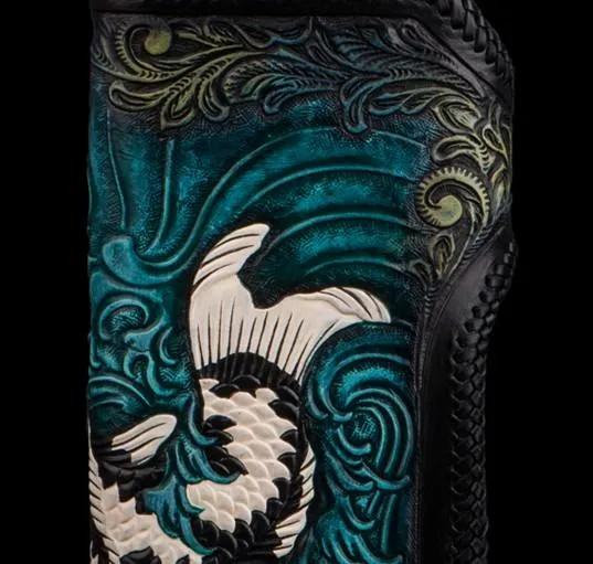 Cool Handmade Leather Tooled Carp Mens Biker Chain Wallet Long Leather Biker Wallet With Chain Wallets for Men