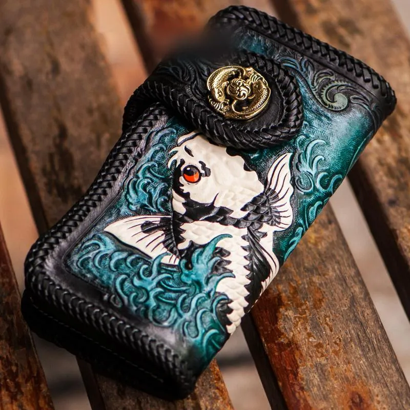Cool Handmade Leather Tooled Carp Mens Biker Chain Wallet Long Leather Biker Wallet With Chain Wallets for Men