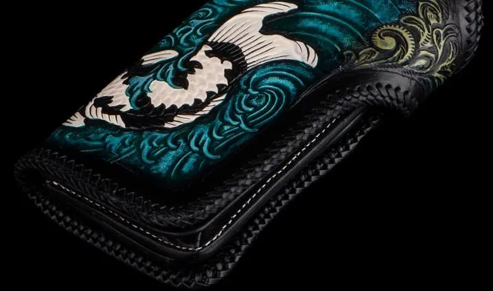Cool Handmade Leather Tooled Carp Mens Biker Chain Wallet Long Leather Biker Wallet With Chain Wallets for Men